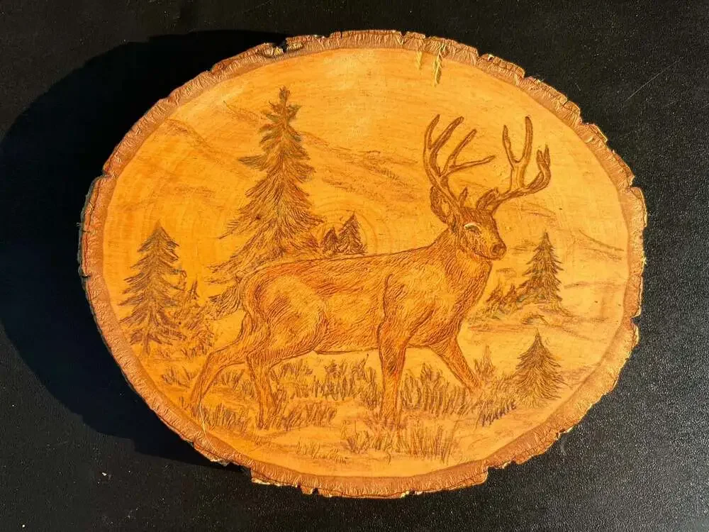 Vintage Hand-Burned Wood Slab Wall Art Featuring Deer in Forest Setting